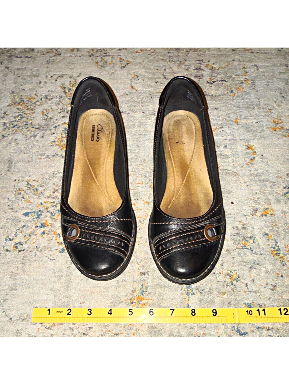 Clarks Collection Women’s Black Leather Ballet Flats Slip-On Round Toe Buckle 8M